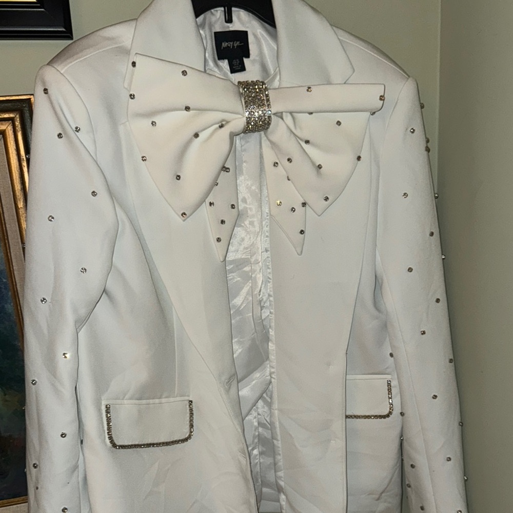 White Rhinestone Bow Premium Embellished Diamante Neck Blazer Nasty Gal S Coat - Picture 4 of 5